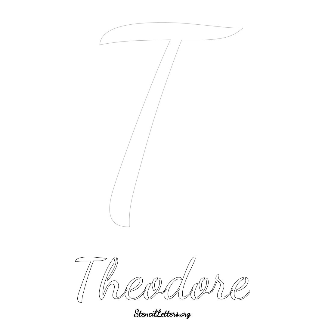 Theodore printable name initial stencil in Cursive Script Lettering